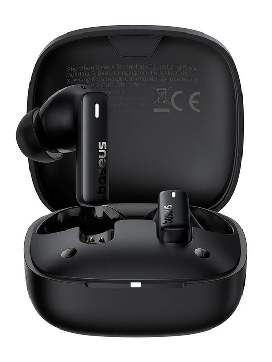 Fone de Ouvido Bluetooth Bowie E19 TWS com Case de Carregamento Aberta e Dois Earbuds Pretos em Destaque