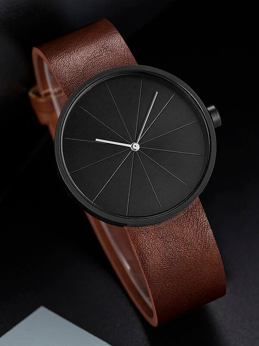 Relógio Masculino Minimalista Apollo YA520 com Mostrador Preto e Pulseira de Couro Marrom