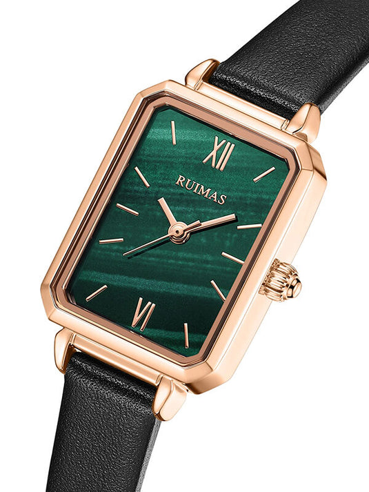 Relógio Feminino Minimalista Malachite RM29L Square com Caixa de 21 mm e Pulseira de Couro Preto