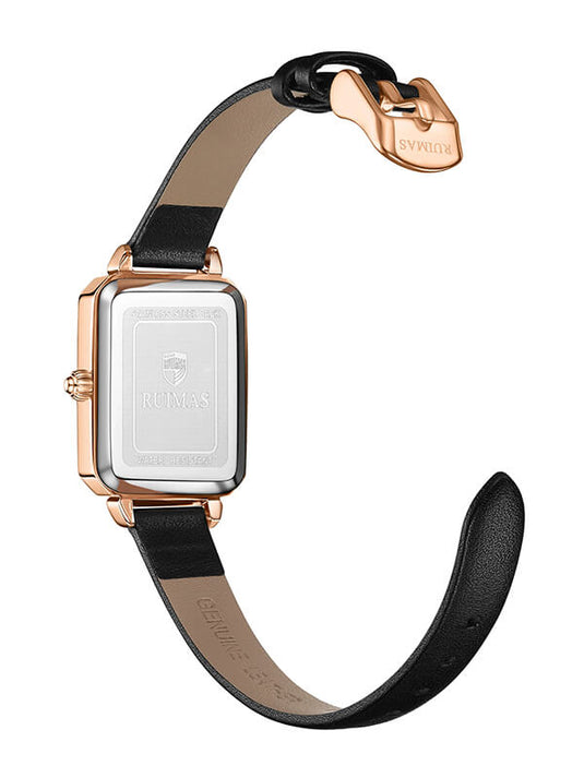 Vista Traseira do Relógio Feminino Minimalista Malachite RM29L Square com Pulseira de Couro Preto e Fivela de Pino
