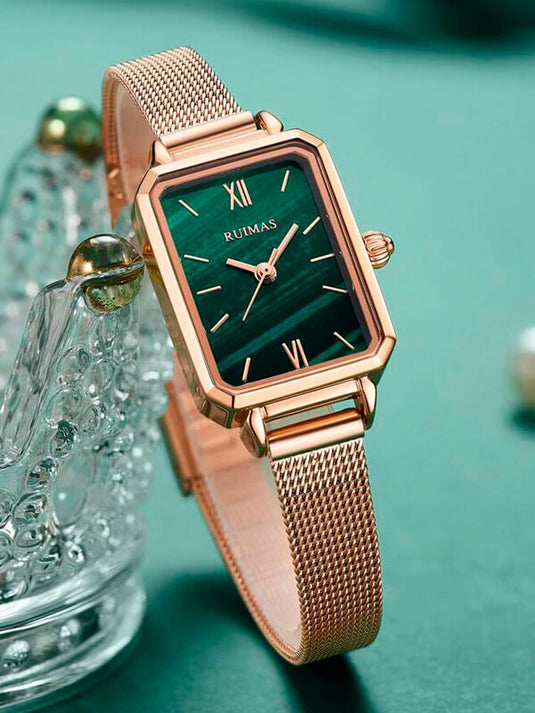 Relógio Feminino Minimalista Malachite RM29L Square com Mostrador Verde e Pulseira de Malha de Aço Rosé