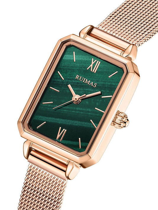 Relógio Feminino Minimalista Malachite RM29L Square com Caixa Retangular e Pulseira de Malha de Aço Rosé