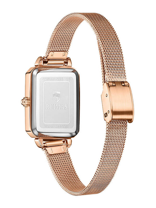 Vista Traseira do Relógio Feminino Minimalista Malachite RM29L Square com Caixa de Aço Inoxidável e Pulseira de Malha de Aço Rosé